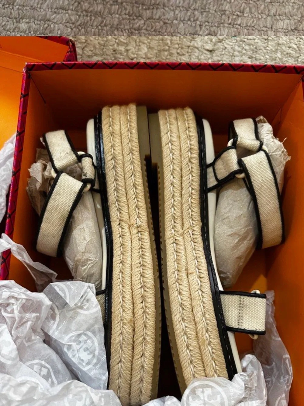 Tory Burch White Canvas Espadrille Sandal with Black Trim